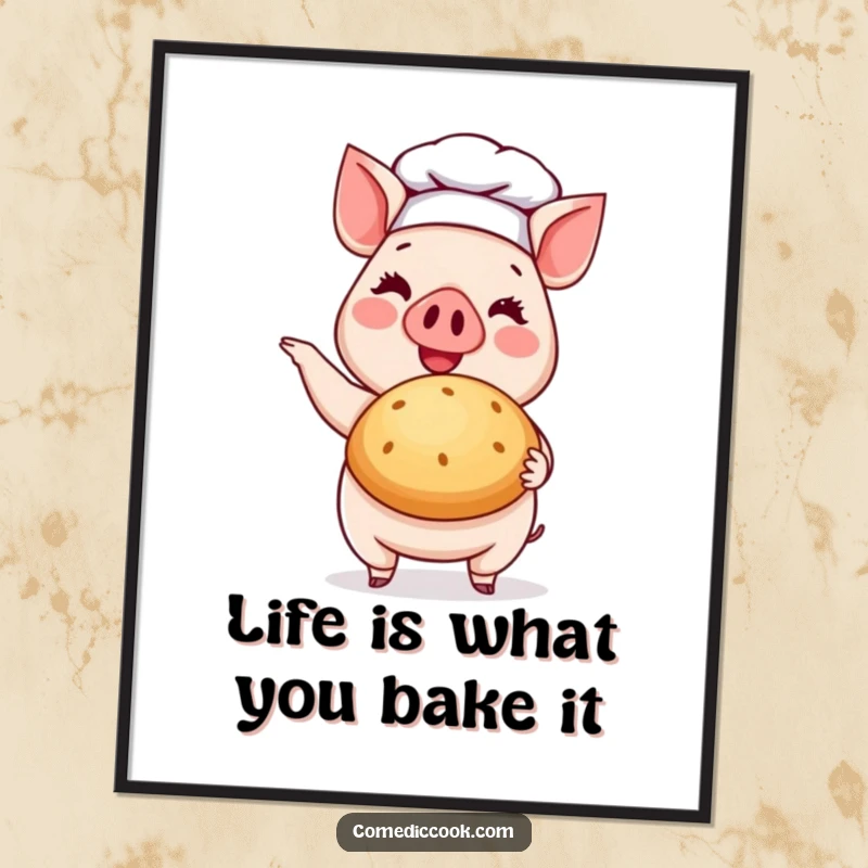 Funny Free Printable Pig Chef Wall Art: A cheerful pig in a chef hat proudly displaying a baked bun.
