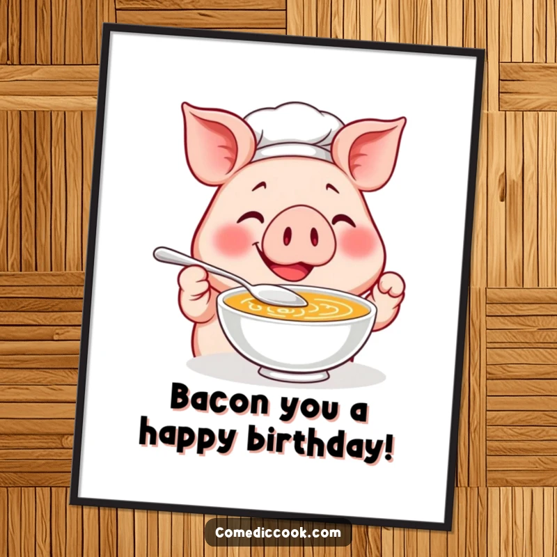 Funny free printable wall art: A smiling pig chef enthusiastically tastes soup with a tiny spoon, a humorous kitchen delight.