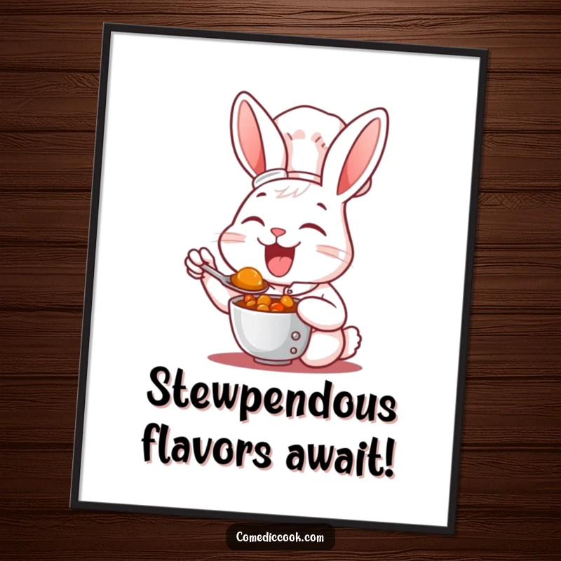 Funny Free Printable Wall Art: A rabbit chef with gusto tastes a spoonful of steaming stew, a picture of pure enjoyment.