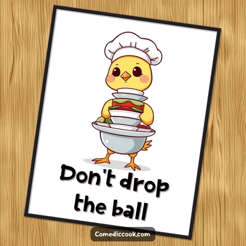 Funny Free Printable Wall Art: Determined chick chef expertly balancing a tall stack of tiny dishes, a humorous kitchen art piece.