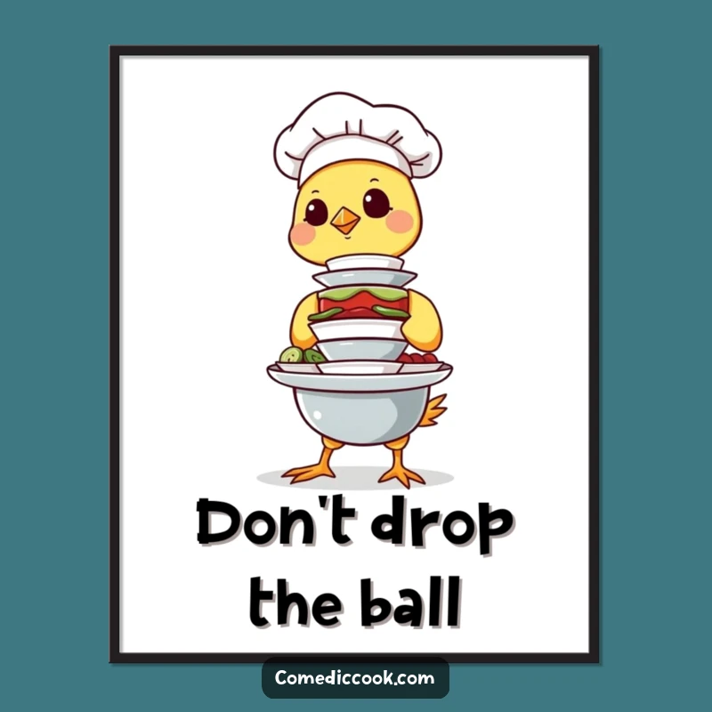 Free Printable Wall Art: Chick Chef Balancing Dishes Funny Downloadable Art Gift