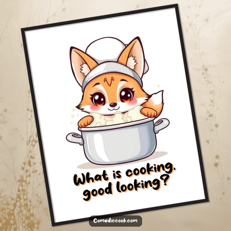 Funny Free Printable Wall Art: Curious fox chef peeking into a bubbling pot, kitchen intrigue and humor.