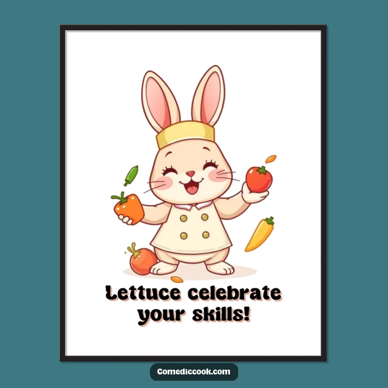 Free Printable Wall Art: Funny Bunny Chef Juggling Vegetables, Downloadable Kitchen Decor
