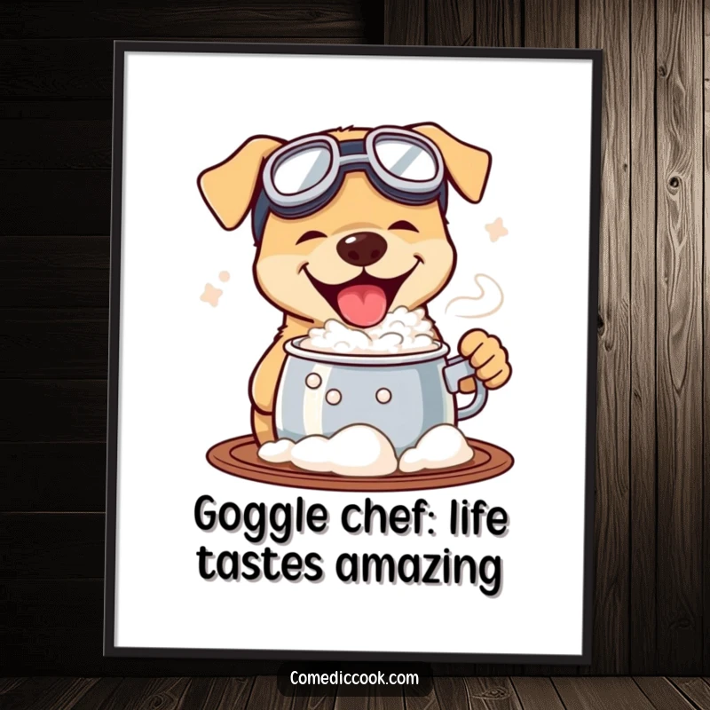Funny free printable wall art: a dog wearing goggles tastes a bubbling pot with gusto, a vibrant downloadable art.