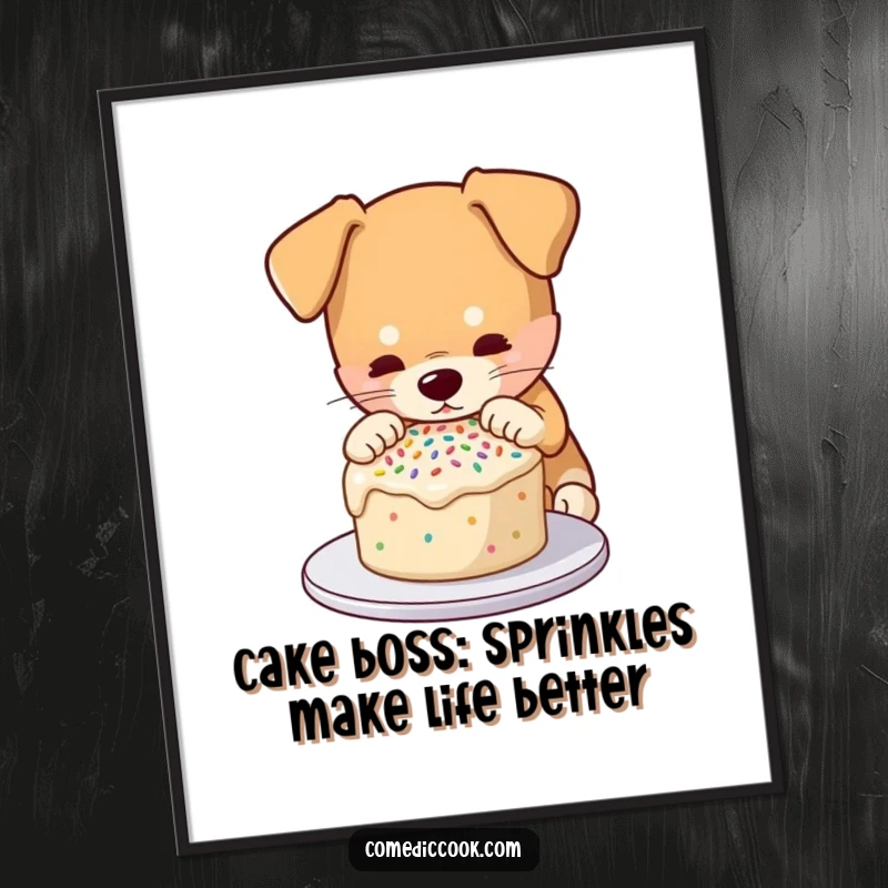 Funny free printable wall art: a dog carefully places sprinkles on a mini cake, a delightful downloadable art.