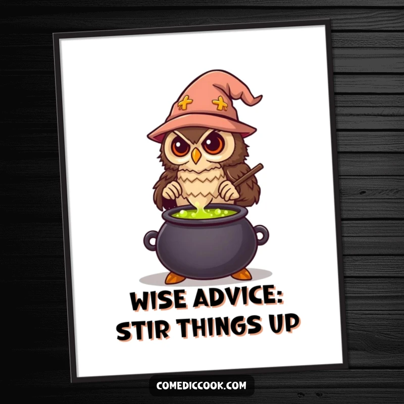 Funny Free Printable Wall Art: Wise owl chef stirring a bubbling potion, magical and humorous kitchen or living room decor.