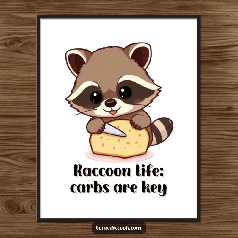 Funny Free Printable Wall Art: A joyful raccoon carefully slicing a delicious loaf of bread, embodying kitchen creativity.