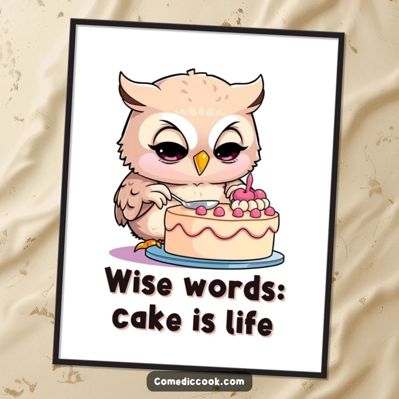Funny Free Printable Wall Art: Whimsical owl intensely decorating a cake with frosting, bringing artistic culinary joy.