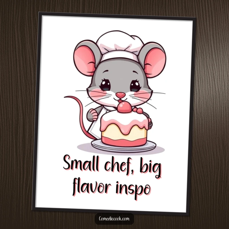 Funny Free Printable Wall Art of a determined Kawaii mouse chef proudly presenting a miniature cake, ideal for kitchen decor.