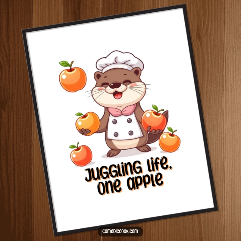 Funny Free Printable Wall Art: A smiling otter chef juggling three glistening apples, adding a touch of playful culinary art.