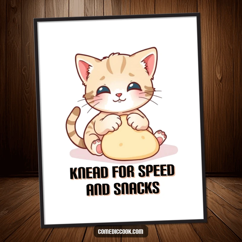 Funny Free Printable Wall Art: A playful kitten gracefully kneading dough with tiny paws, embodying cute baking artistry.