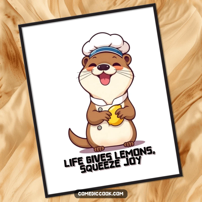Funny Free Printable Wall Art: Cheerful otter chef giggling ecstatically while squeezing a bright yellow lemon, full of joy.