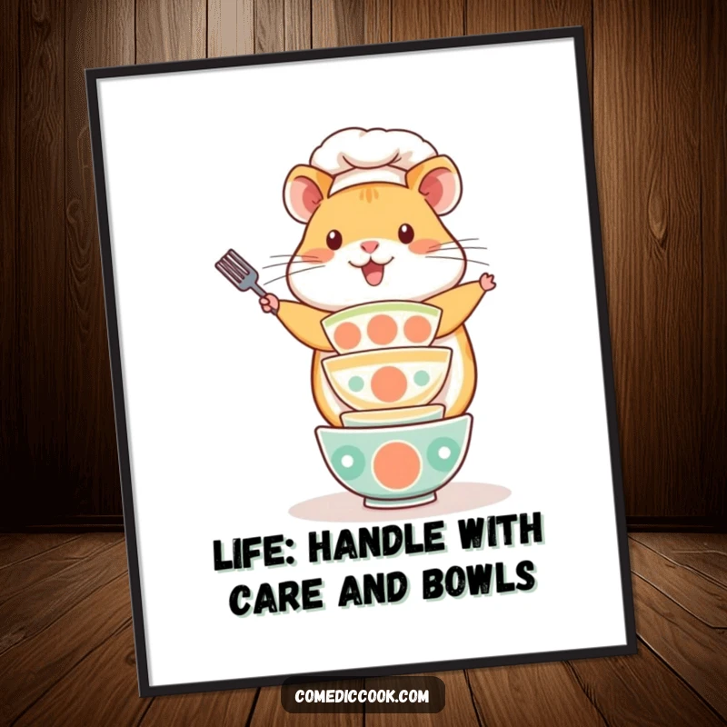Funny Free Printable Wall Art of a playful Kawaii hamster chef balancing a stack of tiny bowls, ideal for kitchens.
