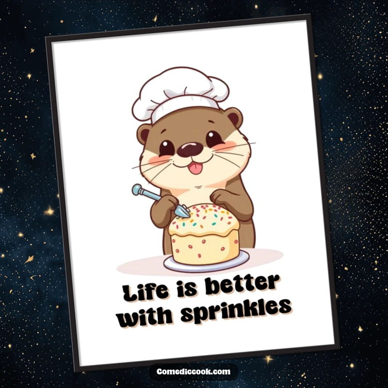 Funny Free Printable Wall Art: Happy otter chef decorating a tiny cake with colorful sprinkles, kitchen delight.