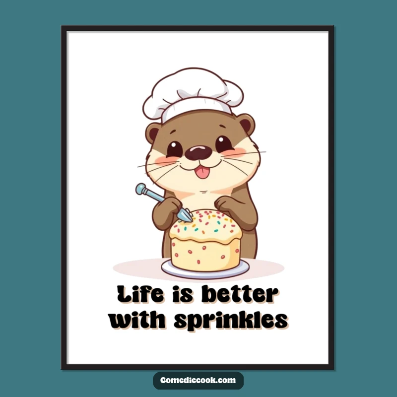 Free Printable Wall Art: Happy Otter Chef Decorating Cake, Downloadable Kitchen Art