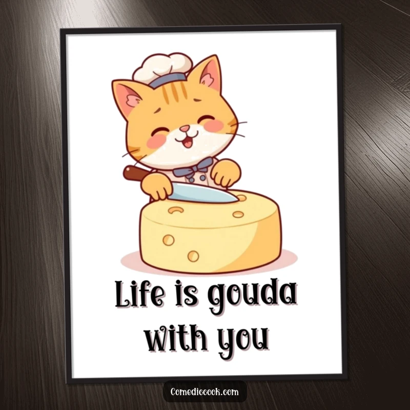 Funny Free Printable Wall Art: Happy cat chef humorously slicing a giant cheese wheel, perfect for a quirky kitchen decoration.
