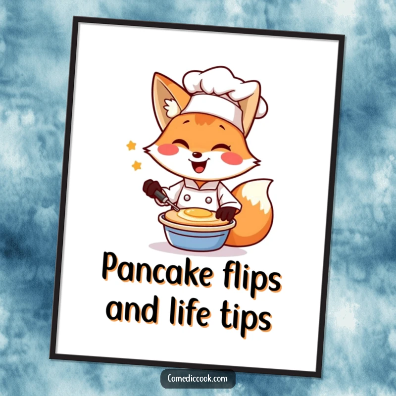 Funny Free Printable Wall Art: A cheerful fox chef winks while flipping a pancake, adding kitchen flair.