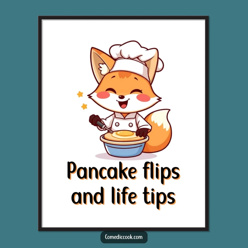 Funny Free Printable Wall Art: Fox Chef Flipping Pancakes, Whimsical Kitchen Decor Downloadable Gift