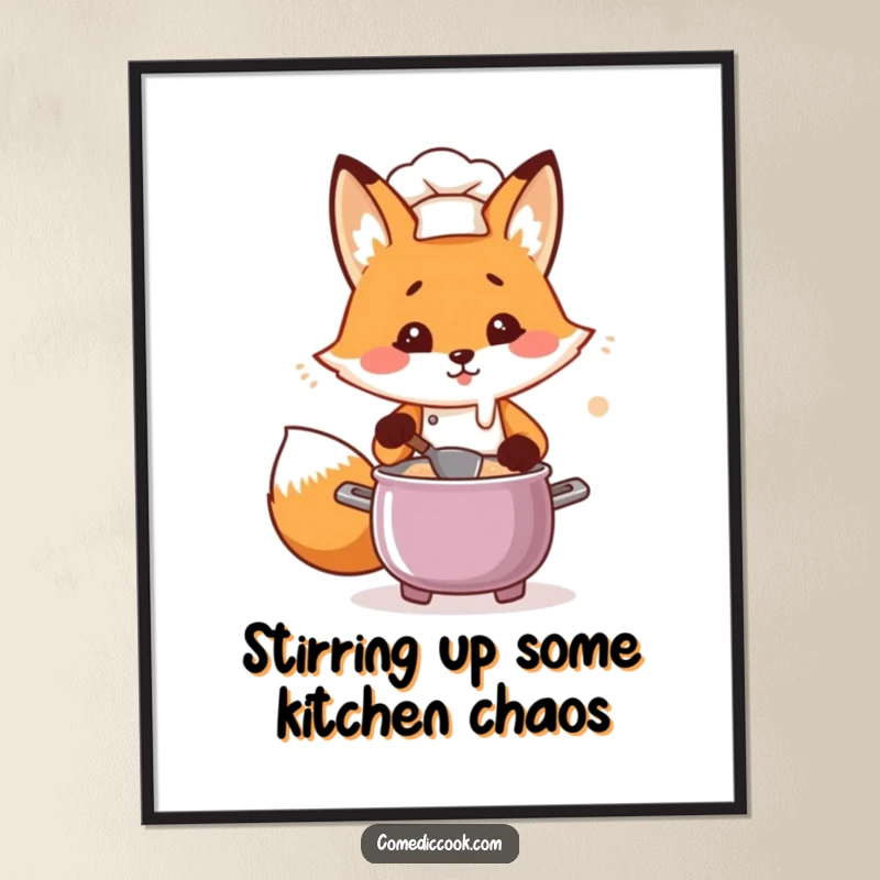 Funny Free Printable Kawaii Fox Chef Wall Art, hilariously flustered chef, stirring a pot, for a downloadable decor piece.
