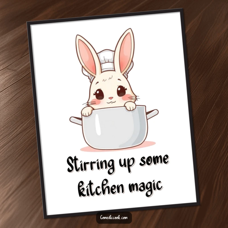 Funny Free Printable Wall Art: A cute rabbit chef peeking into a steaming pot with wide, curious eyes.