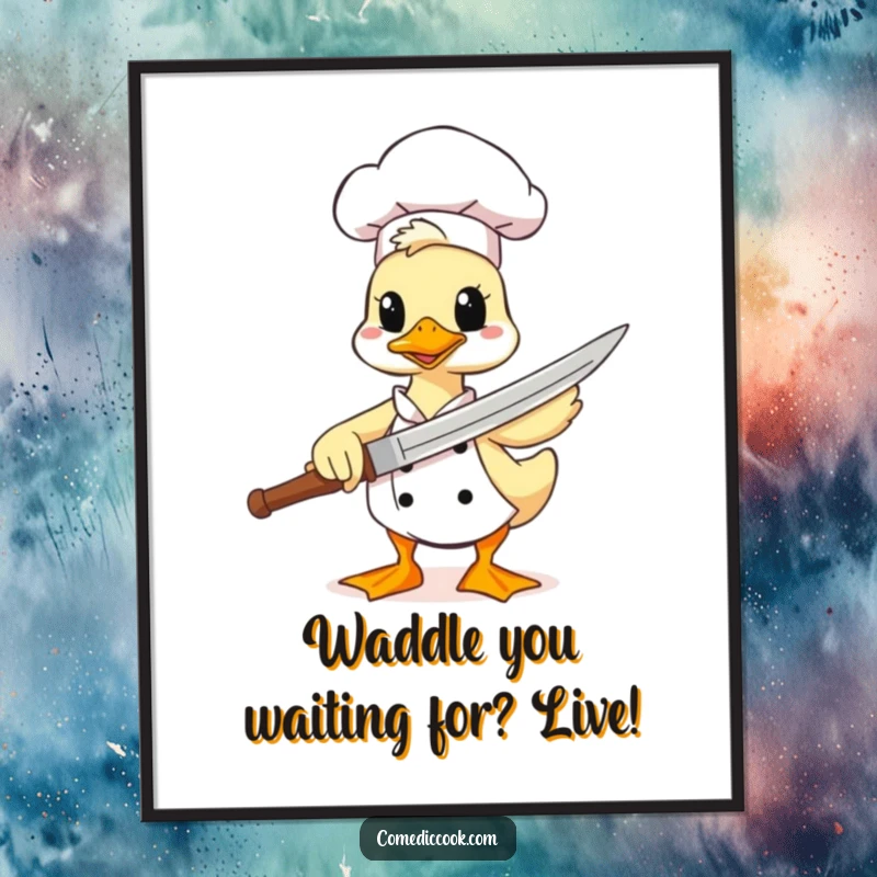 Funny Free Printable Wall Art: Comical duck chef poses dramatically, using a spatula as a mighty sword, ready for anything.