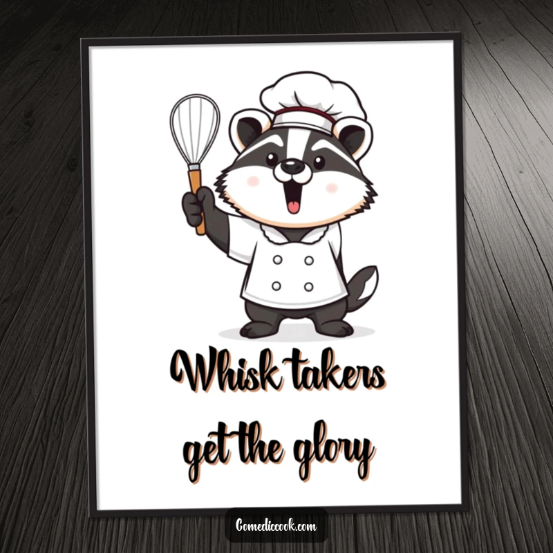 Funny Free Printable Wall Art of a proud Kawaii badger chef holding a whisk aloft, ideal for kitchen decor.