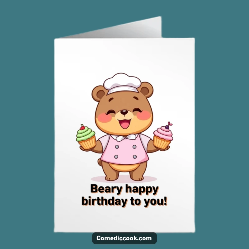 Free Printable Birthday Card: Funny Kawaii Bear Chef Cupcake Juggling Gift