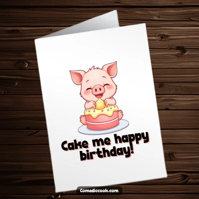 Funny Free Printable Birthday Card: A piglet gleefully frosts a tiny cake with a big smile, spreading birthday joy.