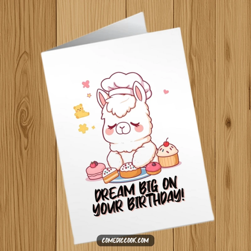 Funny Free Printable Alpaca Chef Birthday Card: A sleepy alpaca dreaming of pastries while napping.
