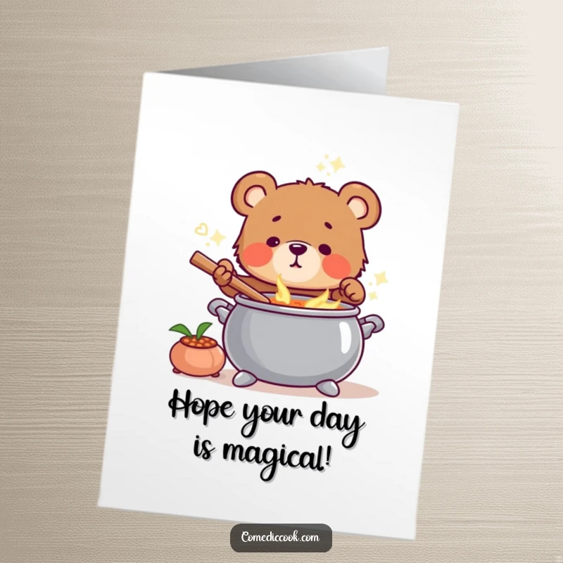 Funny Free Printable Birthday Card: Bear cub joyfully stirring a bubbling cauldron of soup, magical, chef hat, download.