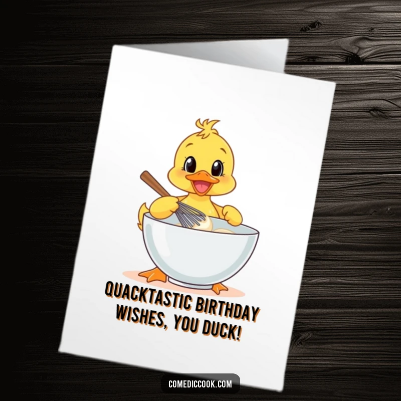 Funny Free Printable Birthday Card: A jubilant duckling chef energetically whisks batter, ready to bake a smile.