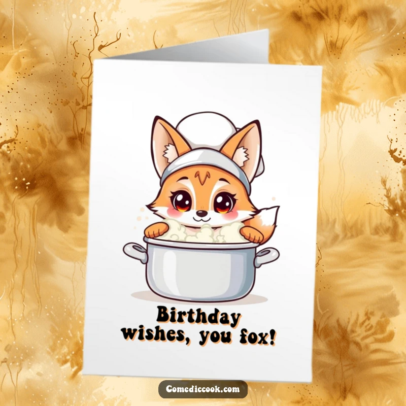 Funny Free Printable Birthday Card: Curious fox chef peeking into a bubbling pot, birthday surprise inside.