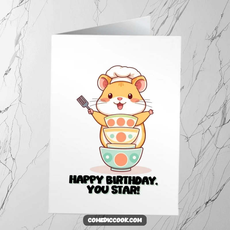 Funny Free Printable Birthday Card featuring a playful Kawaii hamster chef skillfully balancing a tall stack of tiny bowls, ready to party.