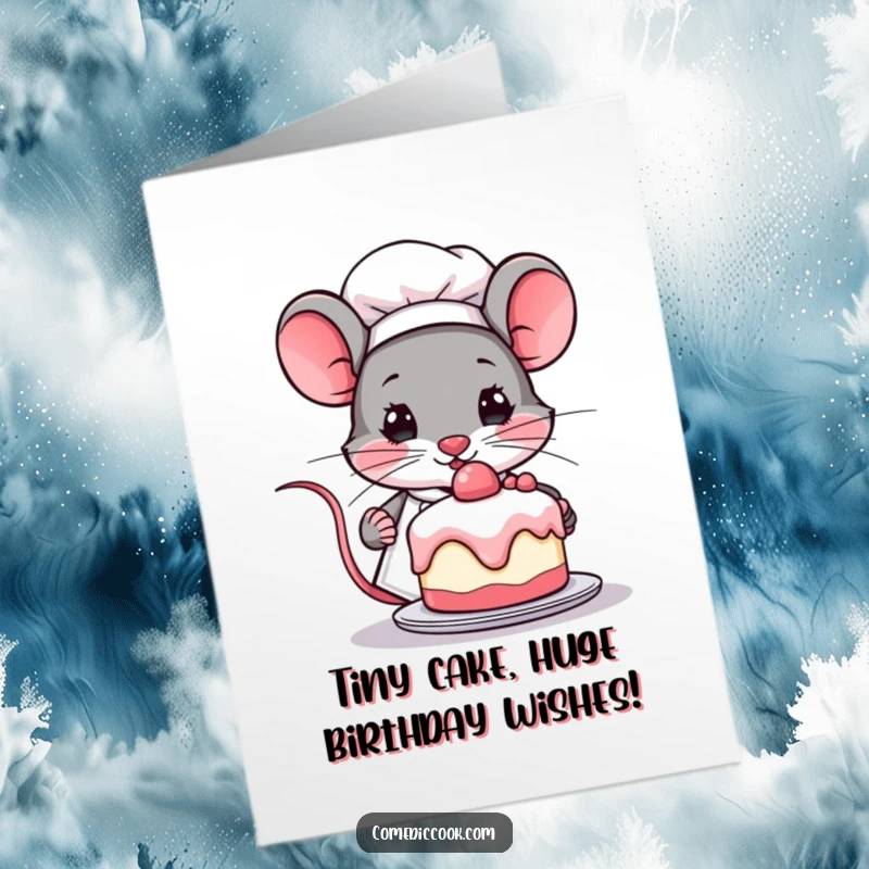 Funny Free Printable Birthday Card featuring a determined Kawaii mouse chef proudly presenting a tiny, delicious cake, ready for gifting.
