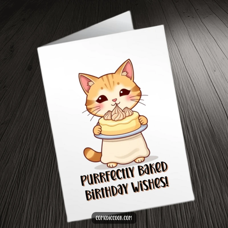 Funny Free Printable Birthday Card: Cat in an apron presenting a perfectly piped cake, baker extraordinaire, sweet treat, download.