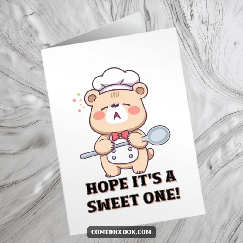 Funny Free Printable Birthday Card: Sleepy bear chef yawning widely while holding a giant spoon, wishing a cozy birthday.