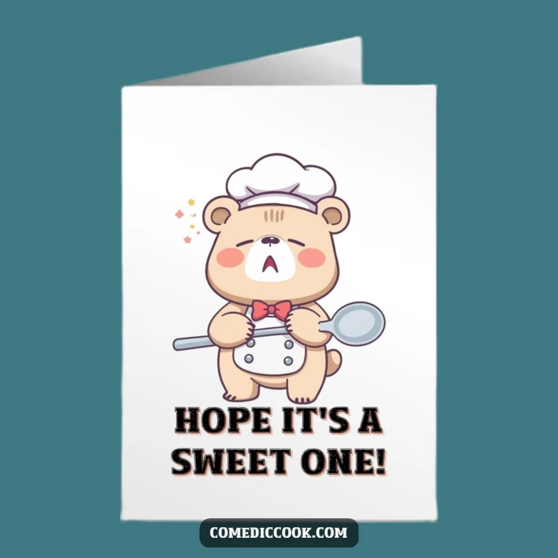 Free Printable Birthday Card: Sleepy Bear Chef Spoon Funny Birthday Downloadable Gift
