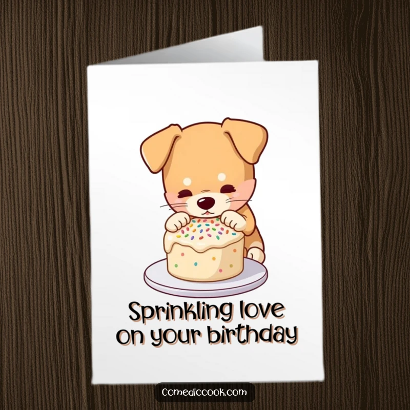 Funny free printable birthday card: a dog carefully places sprinkles on a small cake, a delightful DIY gift.