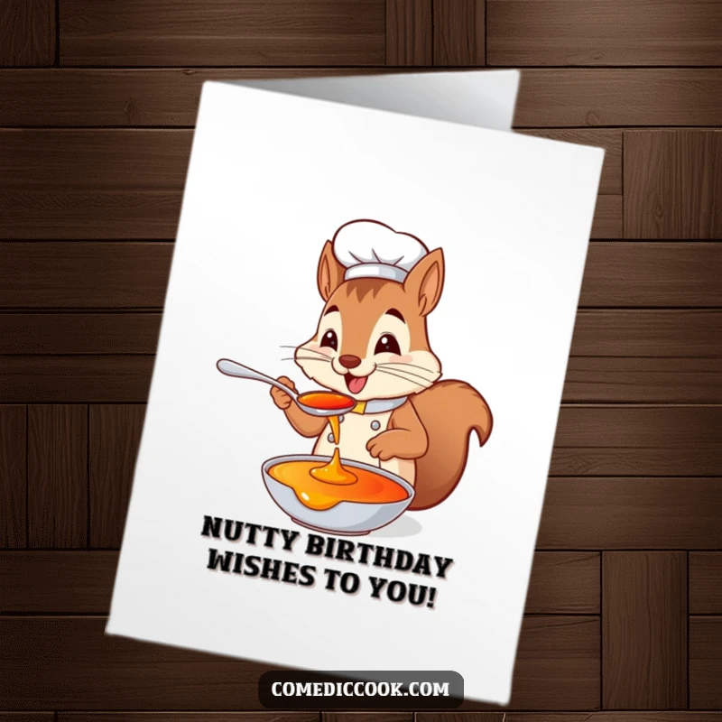 Funny Free Printable Birthday Card: Playful squirrel chef delightedly tasting a sauce from a spoon.