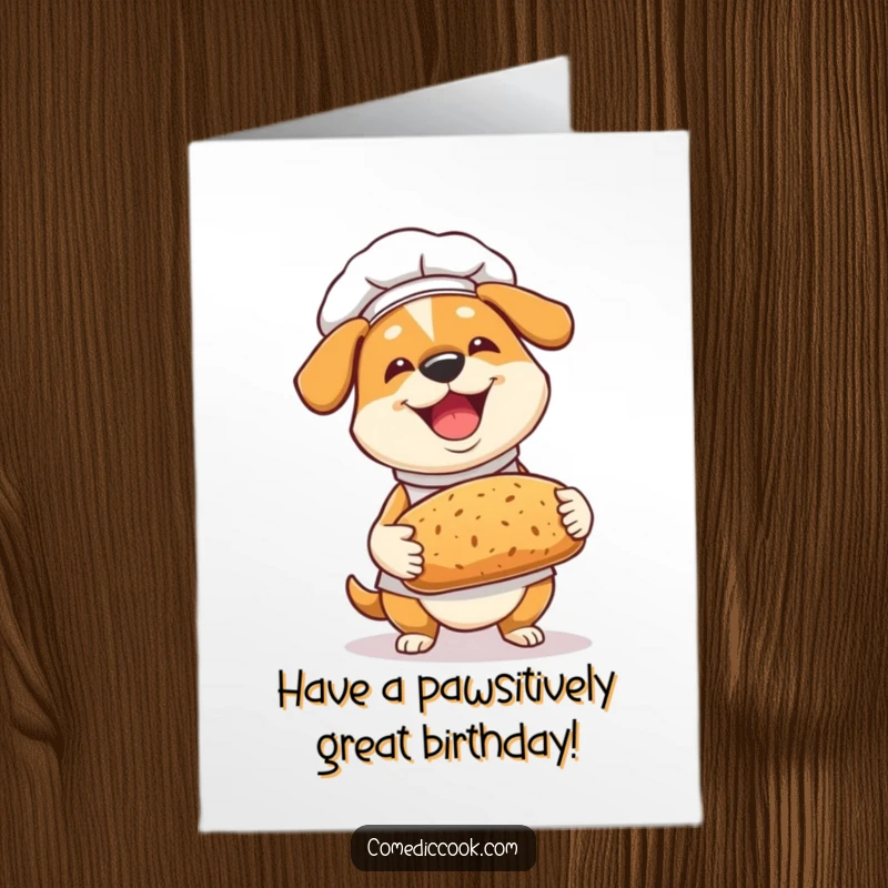 Funny free printable birthday card: A joyful dog chef proudly holds a freshly baked bread loaf, celebrating the day.