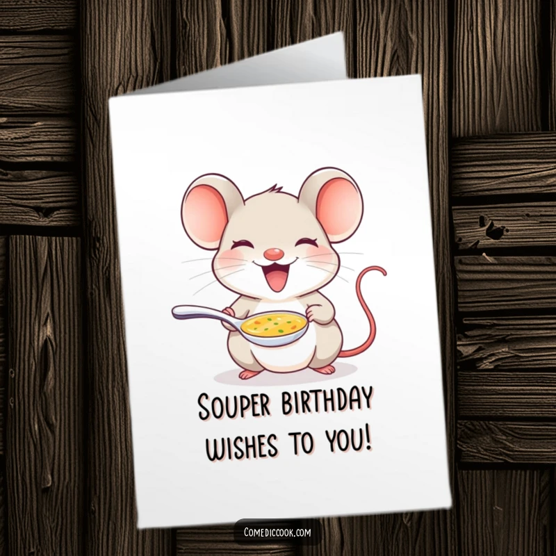 Funny Free Printable Birthday Card: A delighted mouse proudly offers a tiny spoon filled with steaming soup, celebrating merrily.