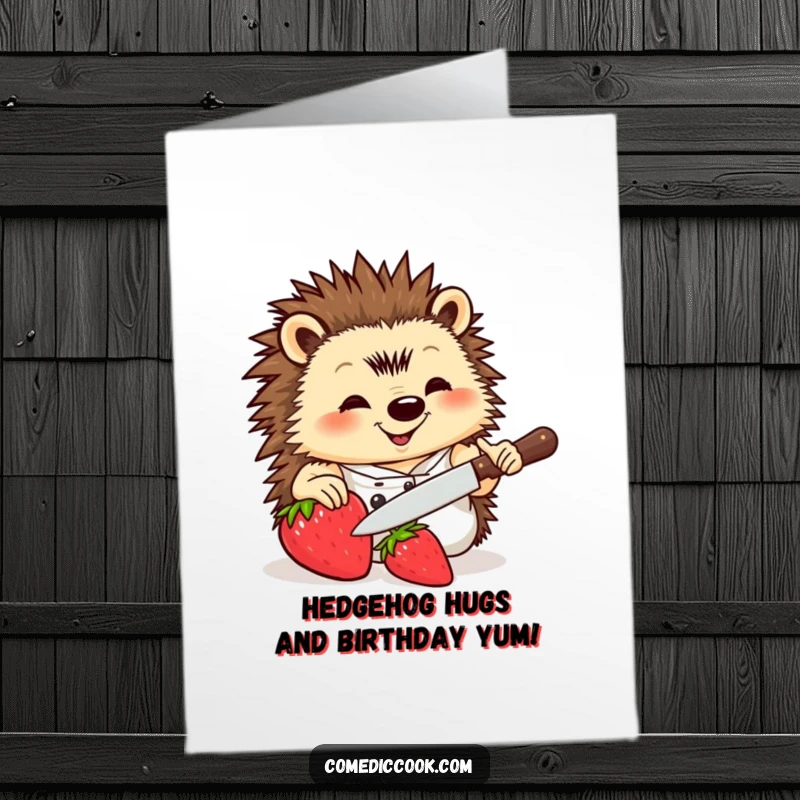 Funny Free Printable Birthday Card: Smiling hedgehog chef masterfully slicing a strawberry with a tiny knife, ready for a laugh.