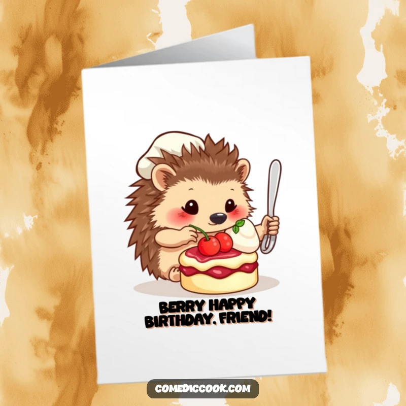Funny Free Printable Birthday Card: Hedgehog chef meticulously garnishes a dessert with a berry, ready to impress.