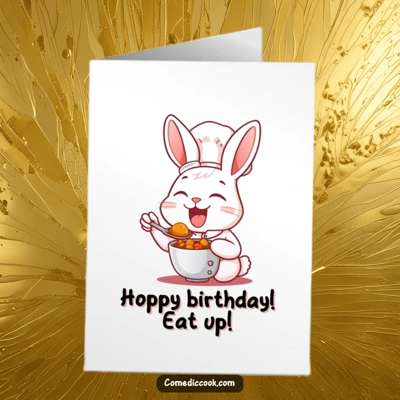 Funny Free Printable Birthday Card: A rabbit chef joyfully savors a spoonful of hearty stew, eyes closed in delight.
