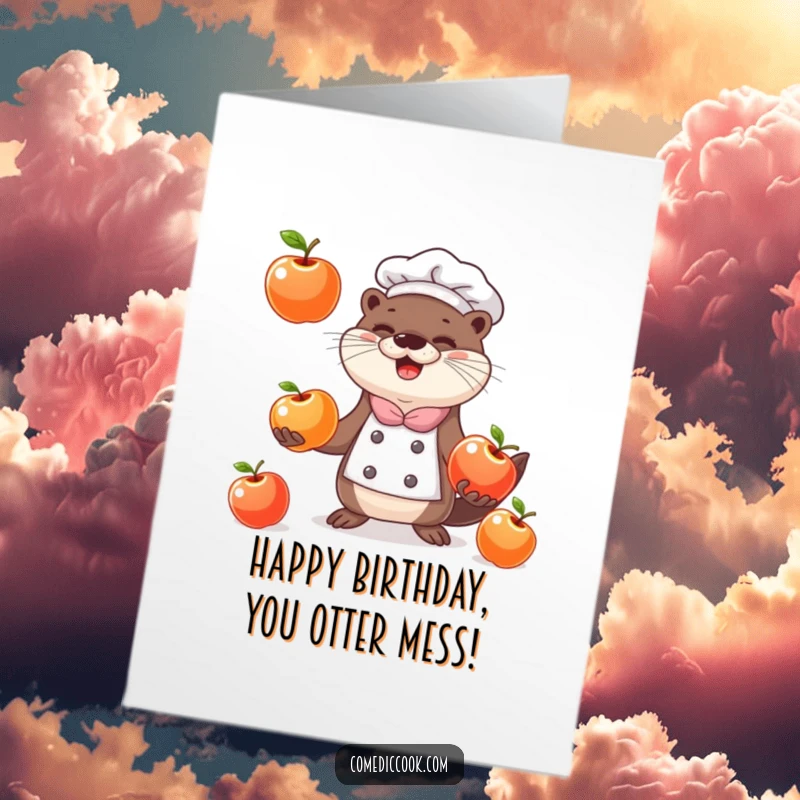 Funny Free Printable Birthday Card: A happy otter chef smiles while juggling three shiny apples, celebrating a fruitful birthday.