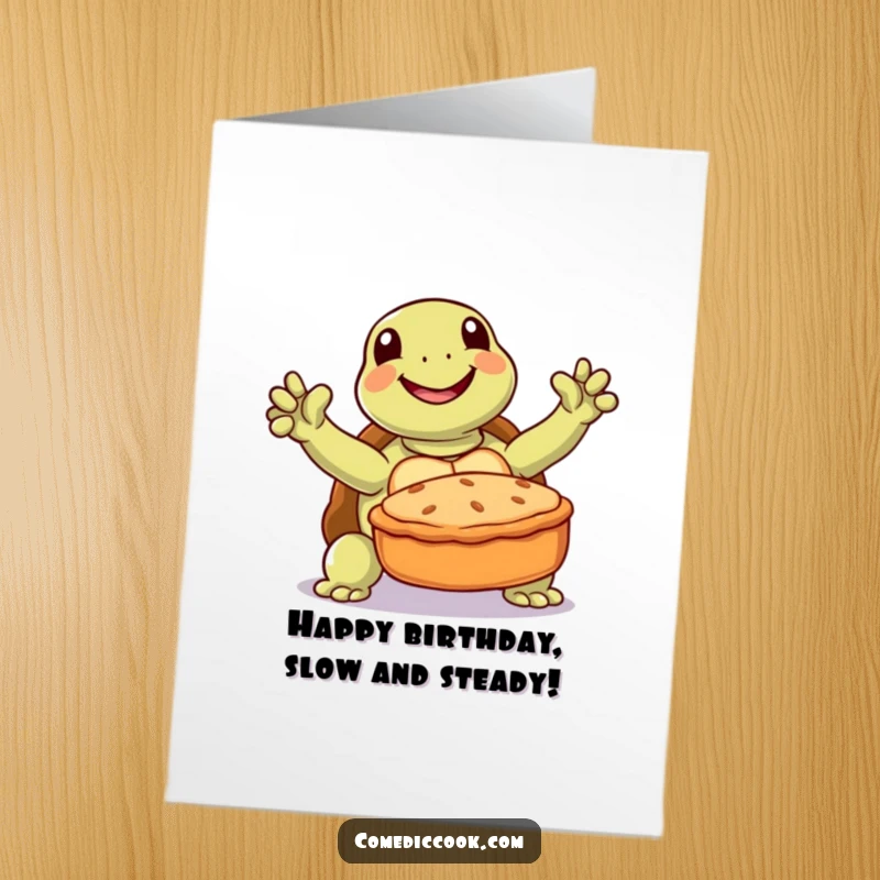 Funny Free Printable Birthday Card: A joyful turtle proudly presents a perfectly baked pie, celebrating a wonderful birthday.