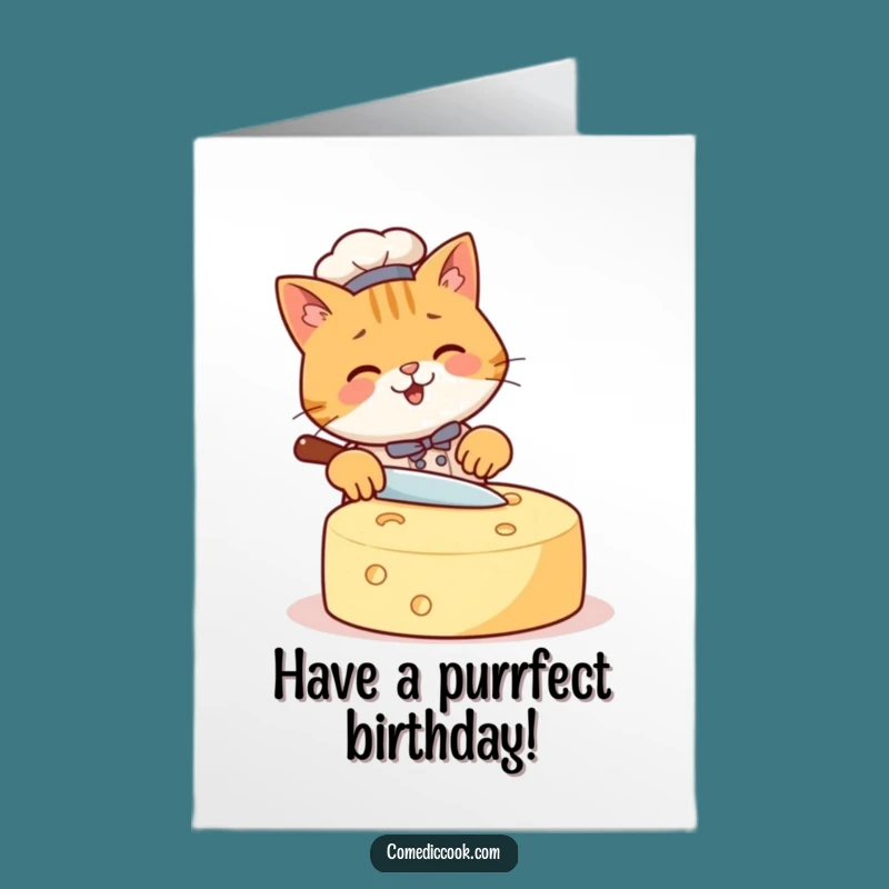 Free Printable Birthday Card: Happy Cat Chef Cheese Slice Funny Downloadable Gift