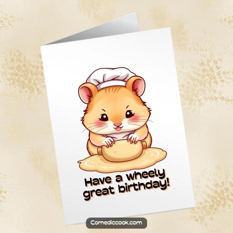 Funny Free Printable Birthday Card: Tiny hamster chef intensely rolls dough with miniature paws, focused on baking.