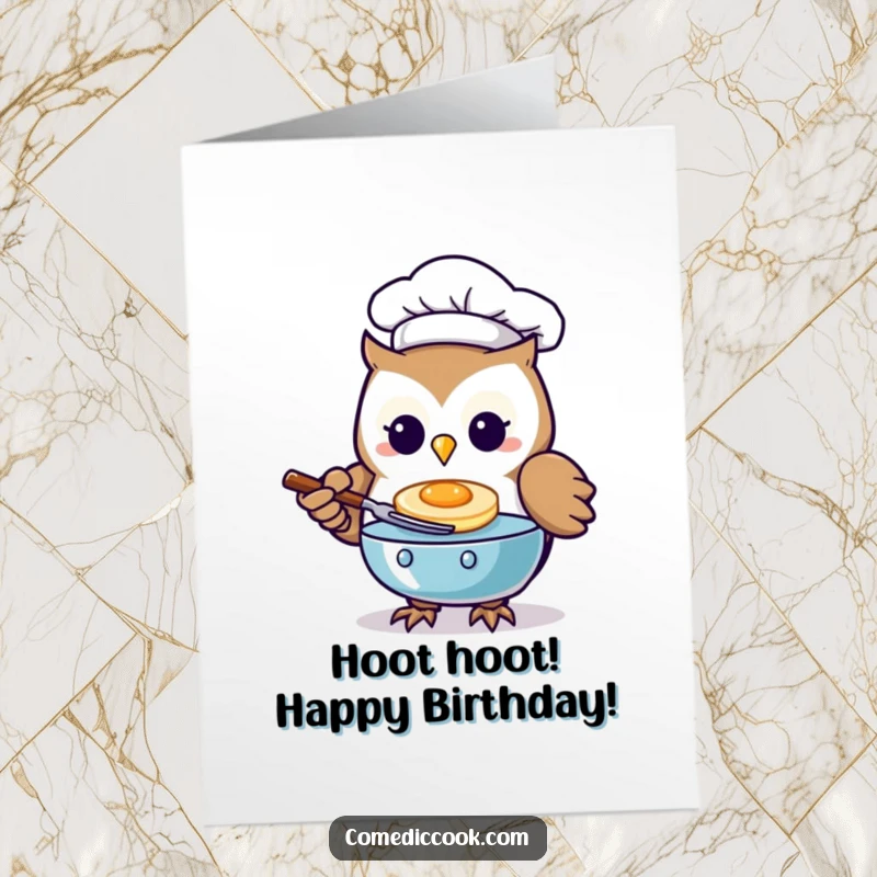 Funny Free Printable Birthday Card: Kawaii owl chef skillfully flips a tiny pancake mid-air.