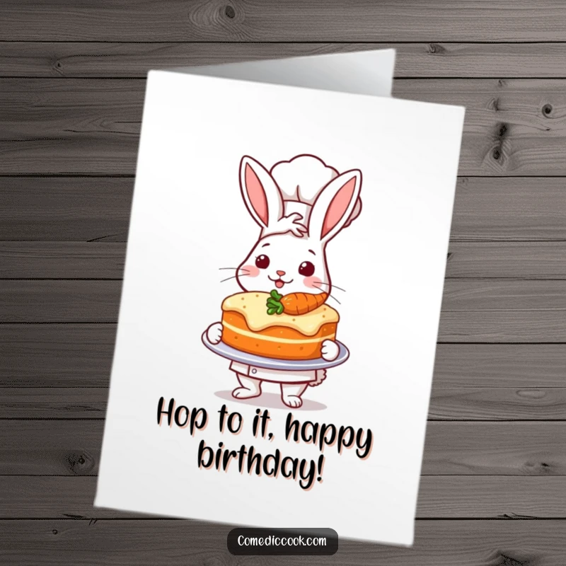 Funny Free Printable Birthday Card: A rabbit chef proudly presents a perfectly baked carrot cake, bringing birthday joy.
